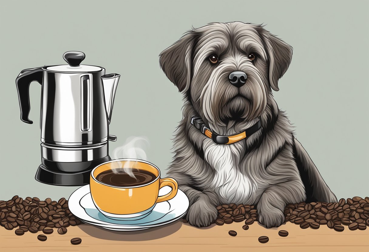 A dog sitting next to a steaming cup of coffee, with coffee beans and a coffee pot in the background