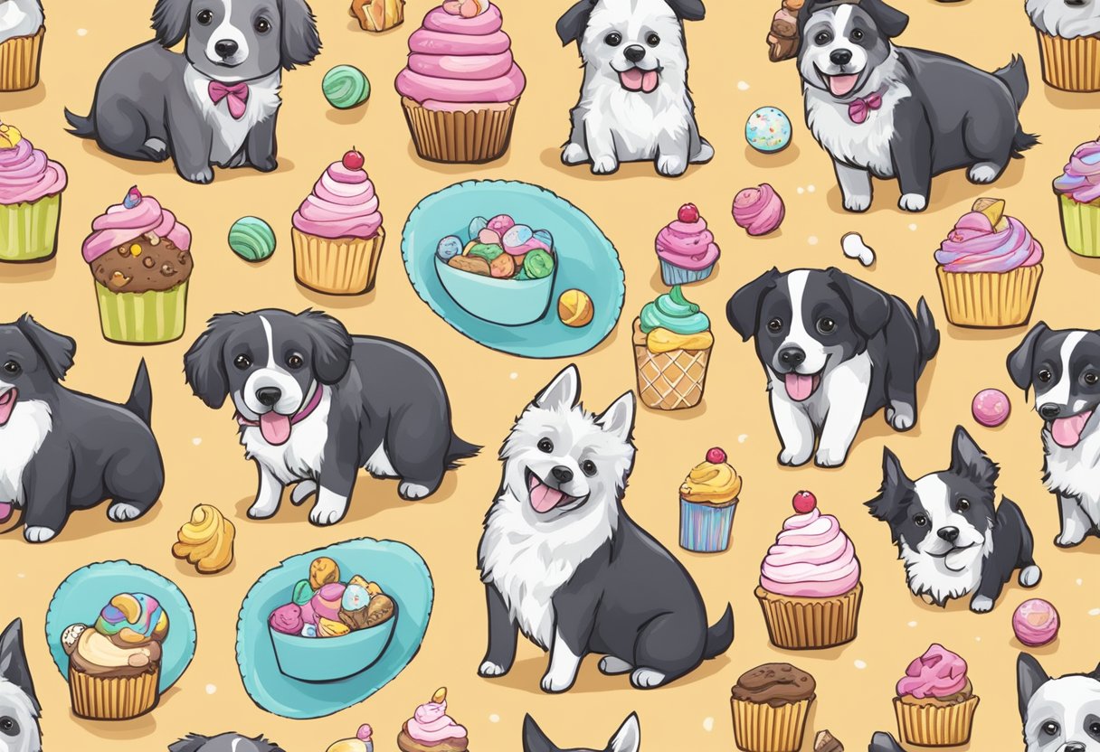 A group of playful dogs surrounded by sweet treats like cupcakes, ice cream, and cookies, with name tags like "Cupcake," "Sundae," and "Cookie."