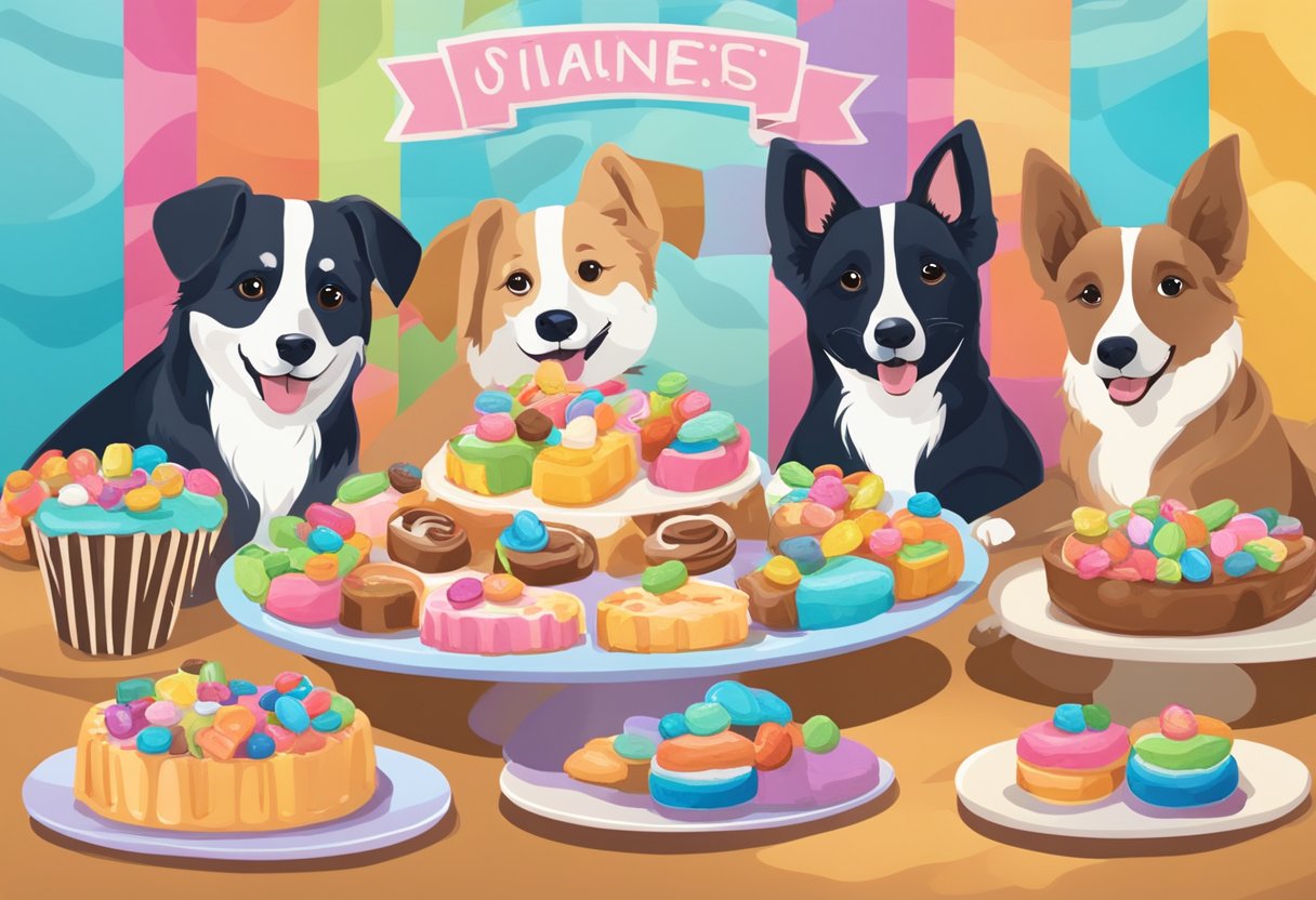 Dogs enjoying dessert-themed names on a sign with colorful treats in the background