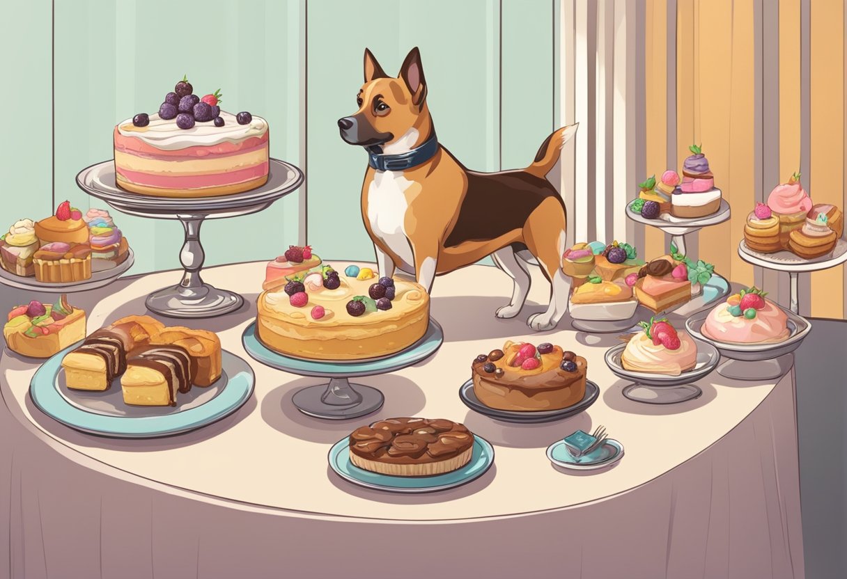 A table adorned with a variety of classic desserts, including cakes, pies, and pastries, with a cute dog sitting nearby, eagerly awaiting a taste