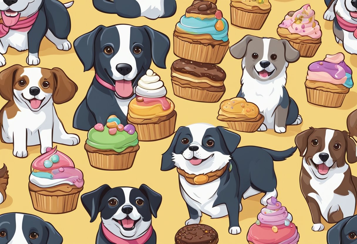 A group of dogs surrounded by a variety of bakery treats like cupcakes, cookies, and pastries, with excited expressions and wagging tails