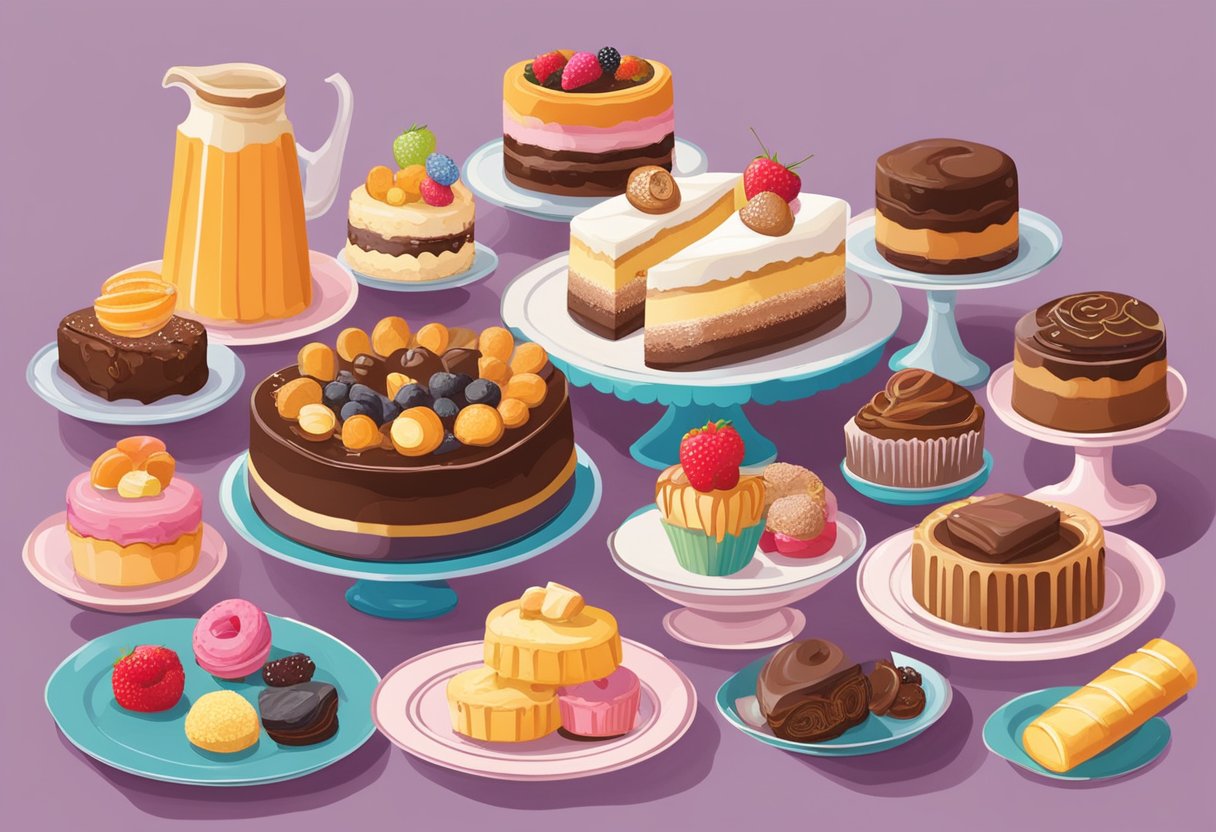 A colorful array of desserts from around the world, including cakes, pastries, and candies, displayed on a table with dog names written in calligraphy