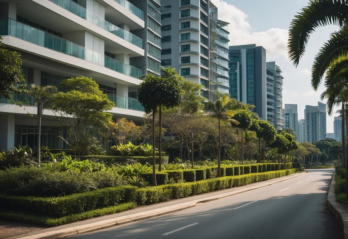 A serene street corner in Safra Punggol, Singapore, with a row of residential buildings and lush greenery