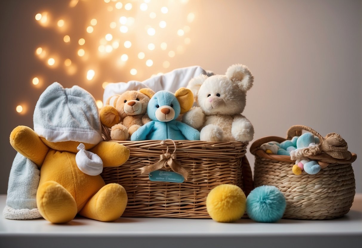 A colorful baby hamper sits on a clean, white table with soft lighting, filled with various baby essentials and toys