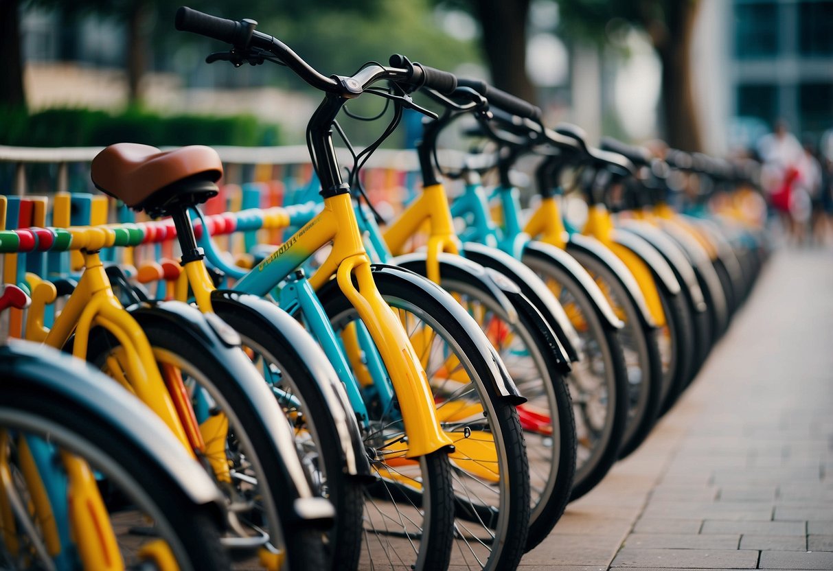 People using bike-sharing in Singapore, with rows of colorful bikes lined up at a designated station