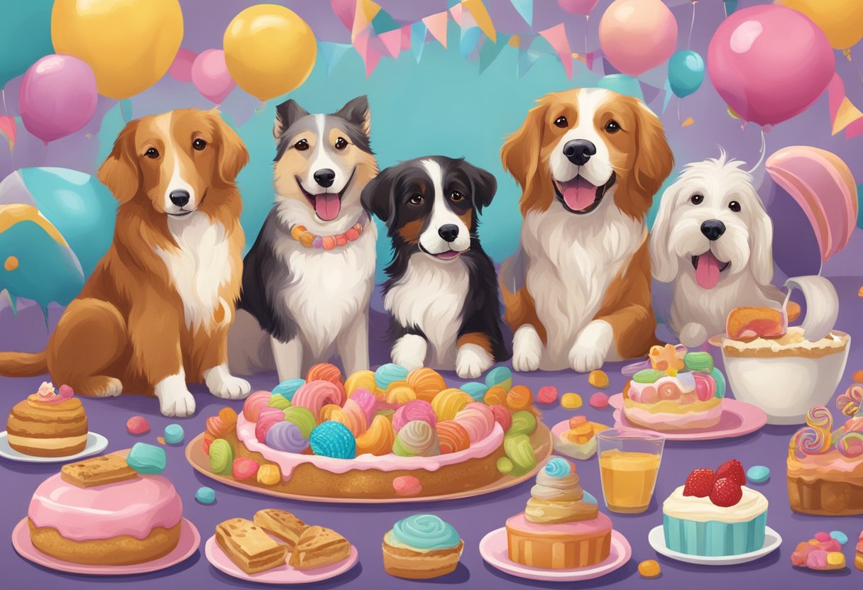 A group of dogs with dessert-themed names playfully interact in a colorful, whimsical setting, surrounded by oversized sweets and treats