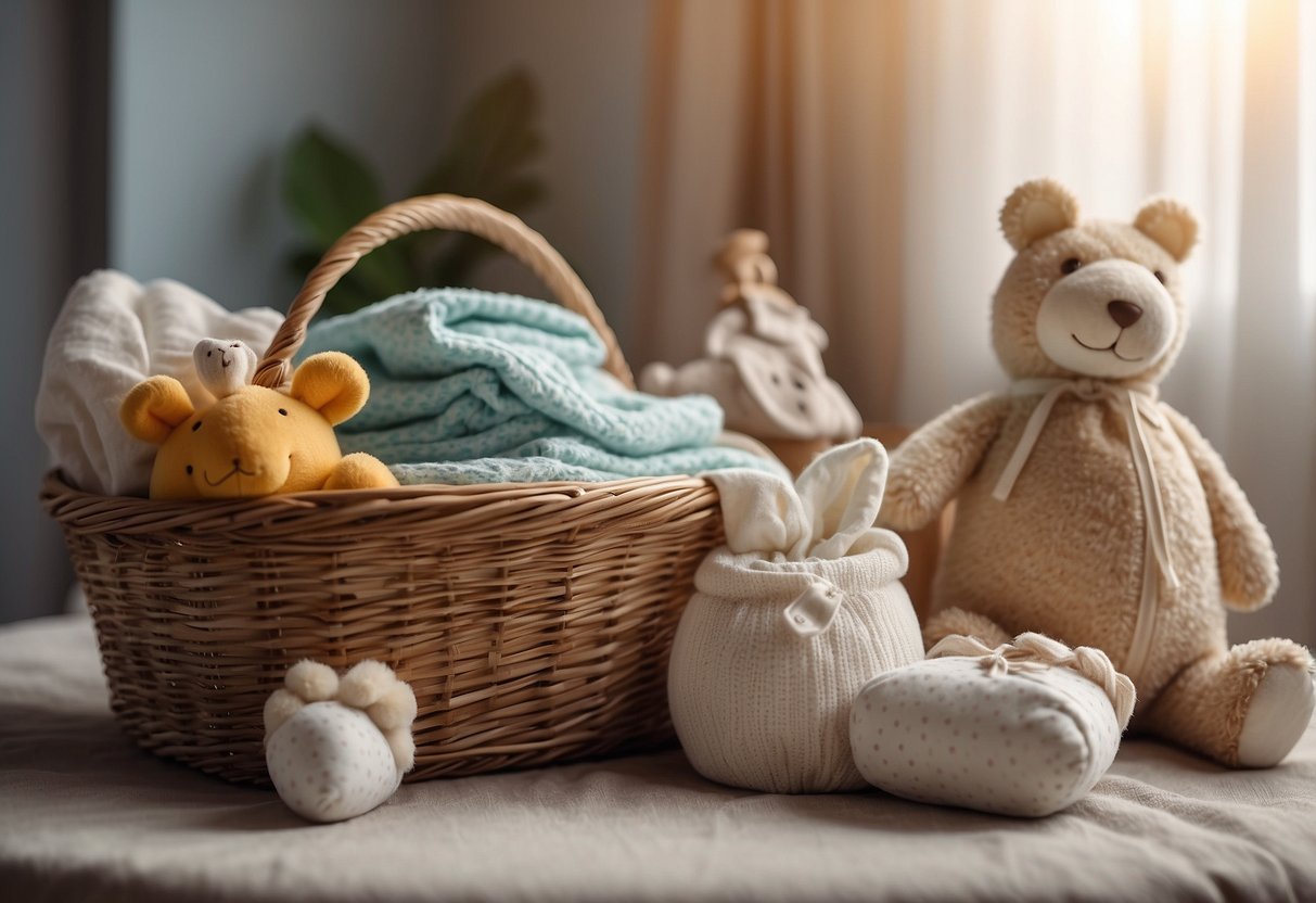 A table adorned with various baby items: soft blankets, plush toys, tiny clothes, and a basket filled with baby essentials