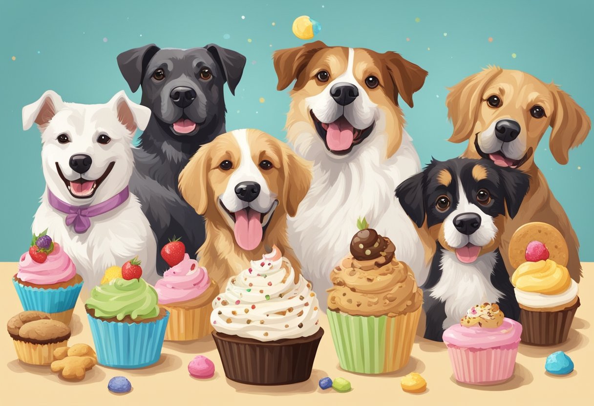 A group of dogs enjoying a variety of dessert-themed items, such as cupcakes, ice cream, and cookies, with playful and happy expressions on their faces