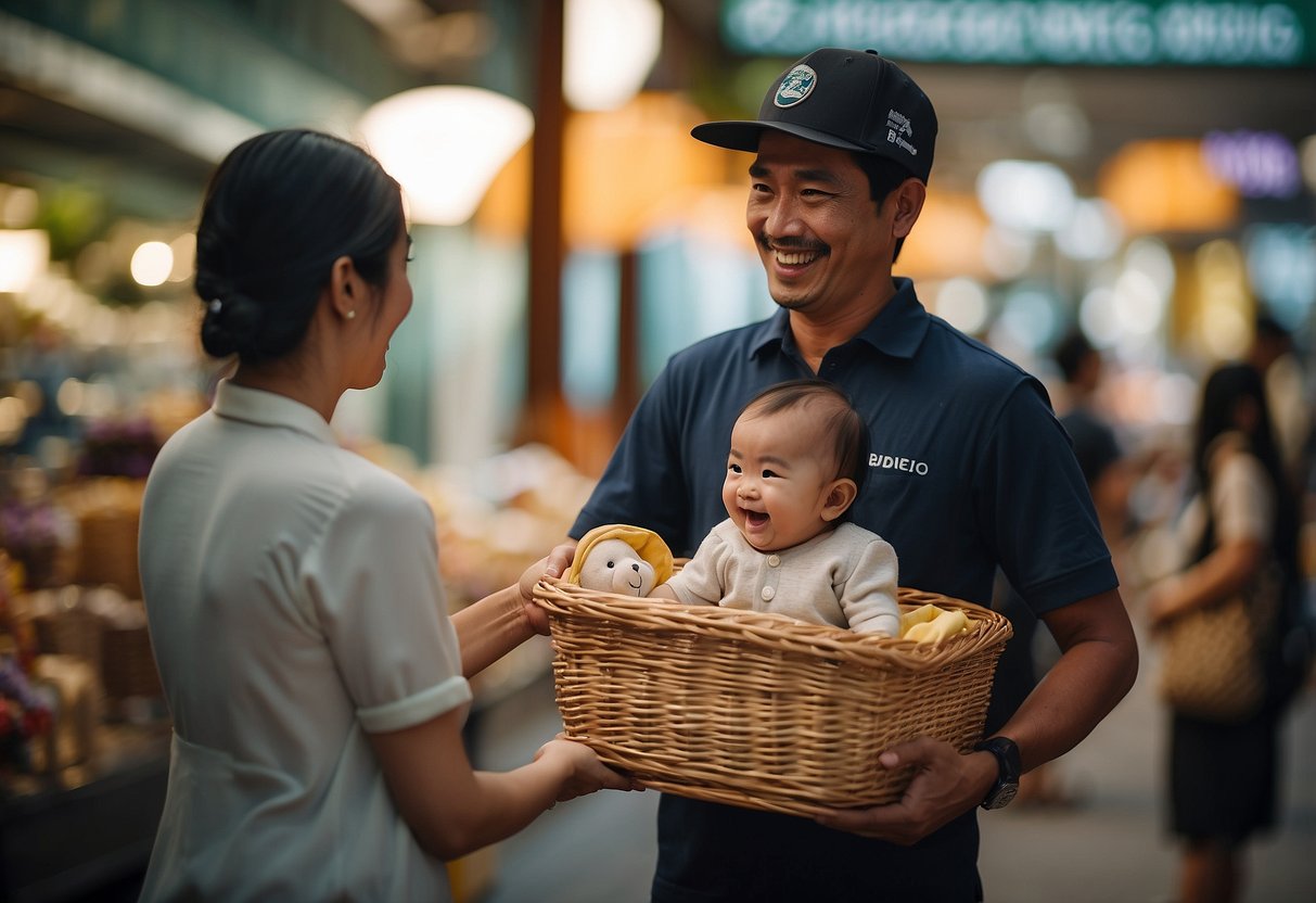 A delivery driver hands a baby hamper to a smiling customer in Singapore