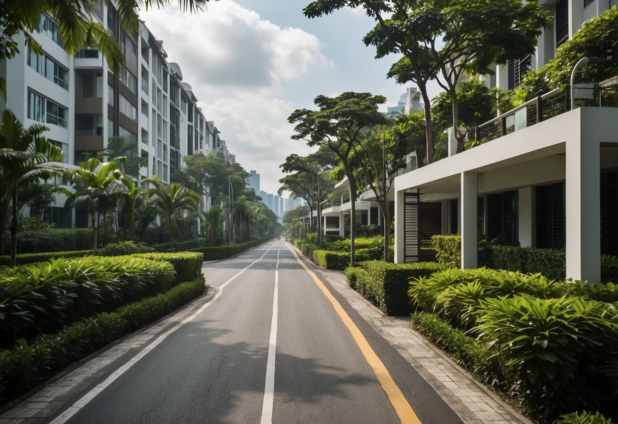 A serene residential street in Singapore, with lush greenery and modern buildings lining the road. The address "9 Sentul Cres, Safra Punggol, Singapore 828654" is displayed prominently on a sign