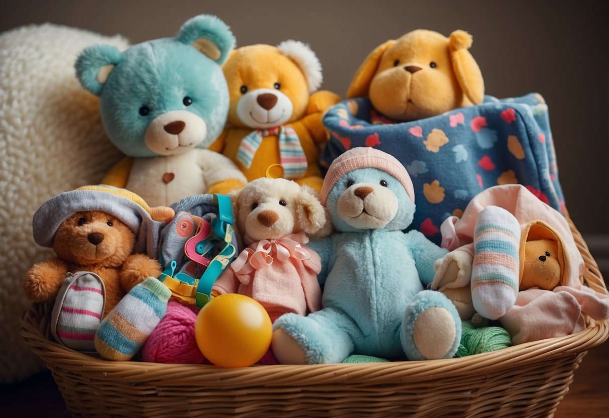 A colorful display of baby items, including toys, clothes, and accessories, arranged neatly in a hamper with a "Frequently Asked Questions" sign