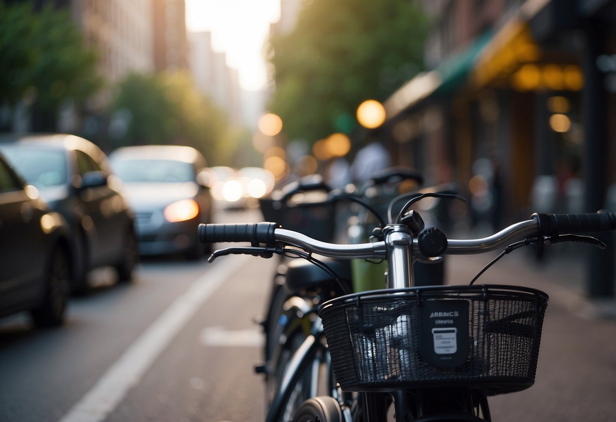 A person riding a bike through a bustling city street with a bike-sharing station in the background