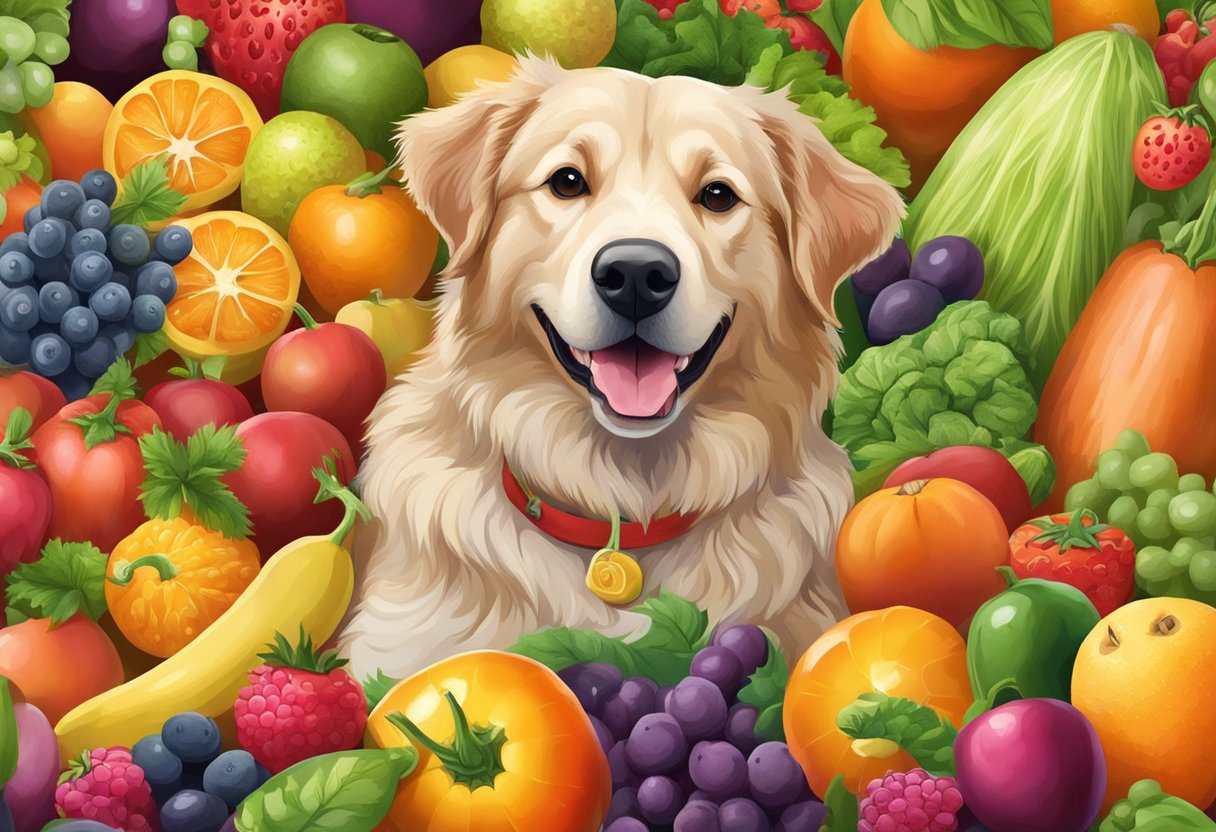 A joyful dog surrounded by colorful fruits and vegetables