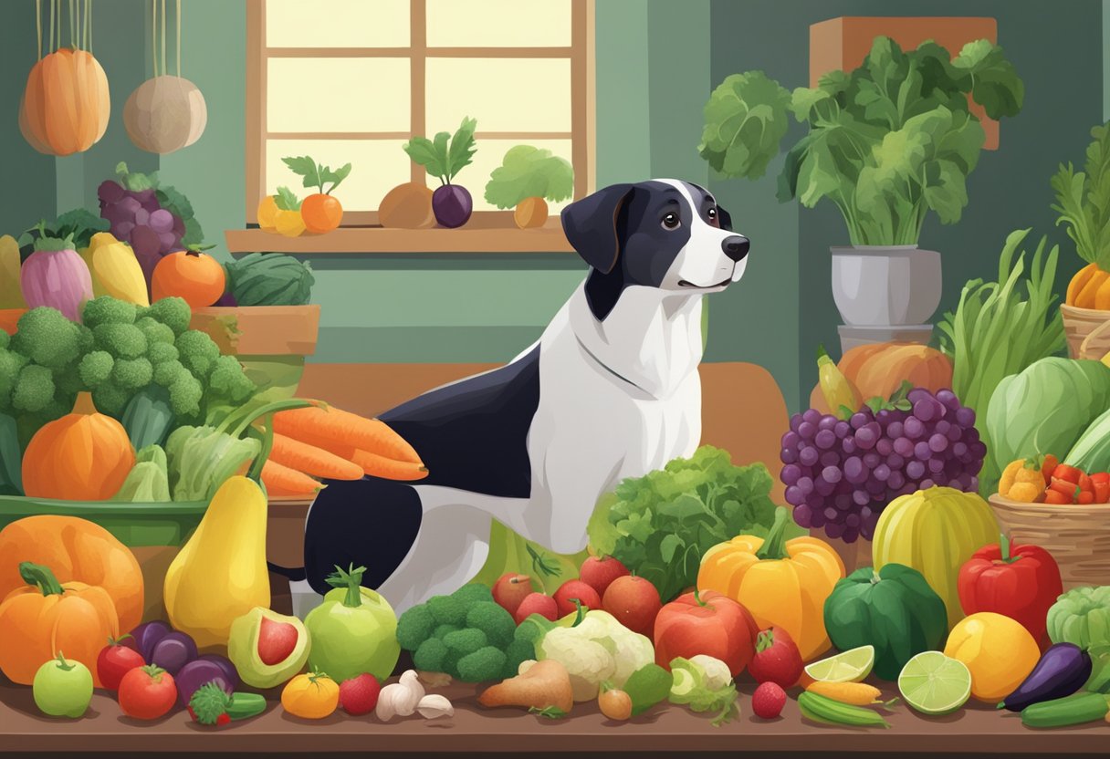 A dog stands in front of a variety of fruits and vegetables, looking at each one with curiosity and excitement