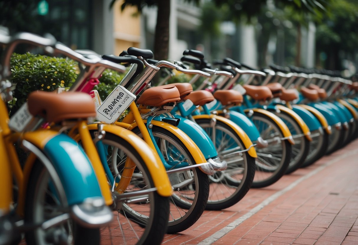 A row of colorful bikes lined up at a bike sharing station in Singapore, with a sign displaying "Frequently Asked Questions" for users