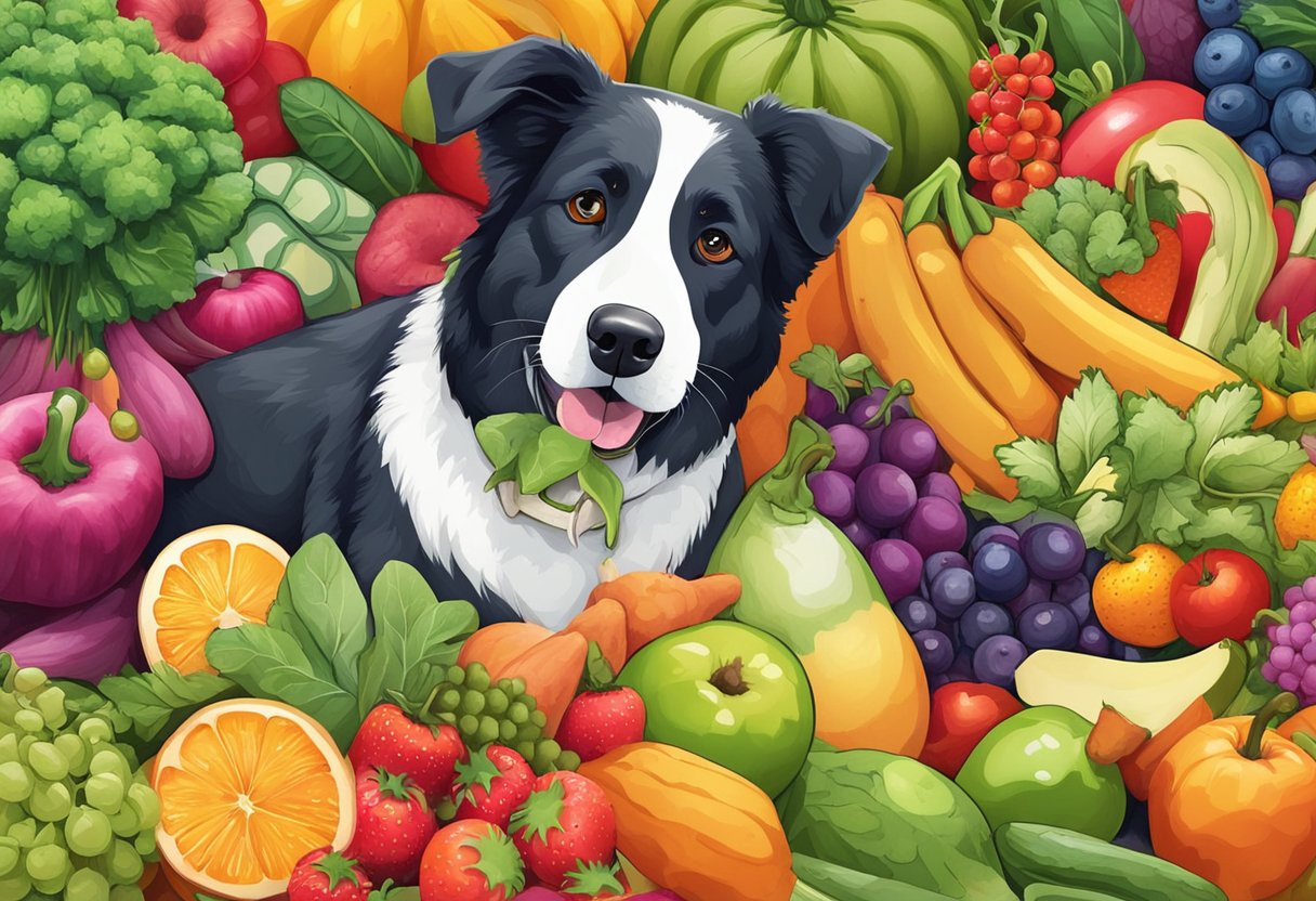 A dog surrounded by a variety of fruits and vegetables, with colorful and vibrant produce scattered around the happy and playful pup
