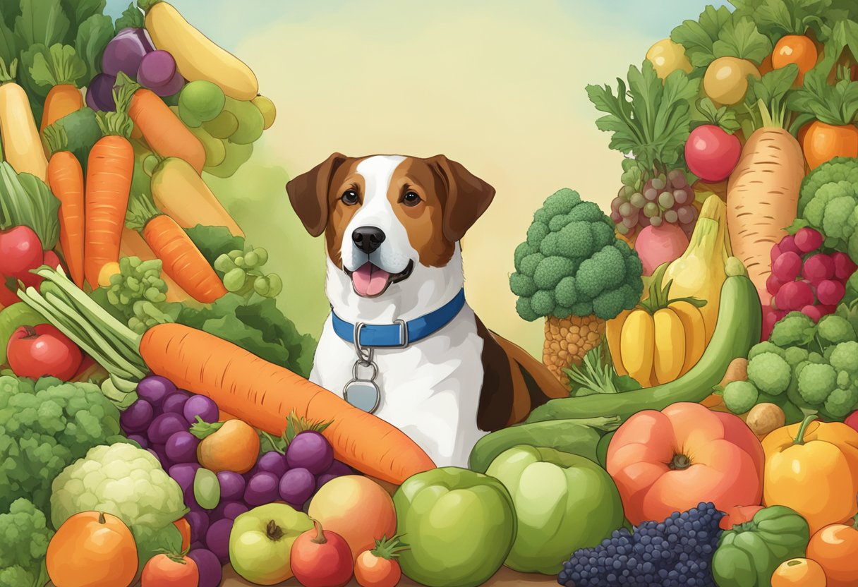 A dog surrounded by colorful fruits and vegetables, with name tags like "Carrot" and "Peach" hanging from their collars