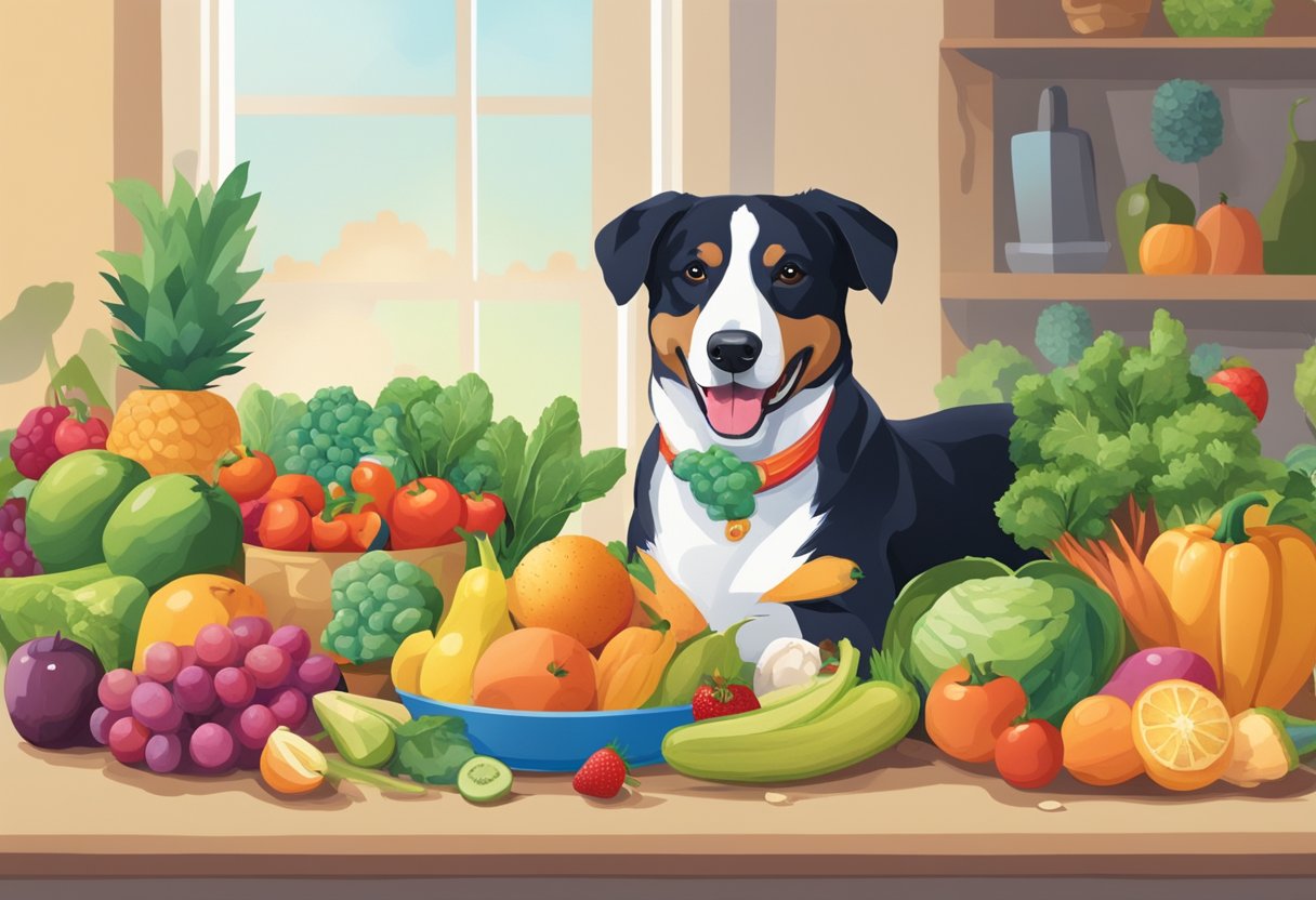 A dog happily sits beside a colorful array of fruits and vegetables, with a sweet and savory treat in its mouth