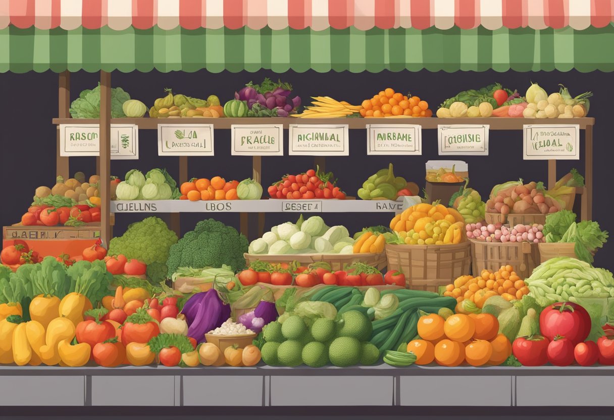 A colorful market display showcasing cultural and regional food items, including fruits and vegetables, with dog names written on each item