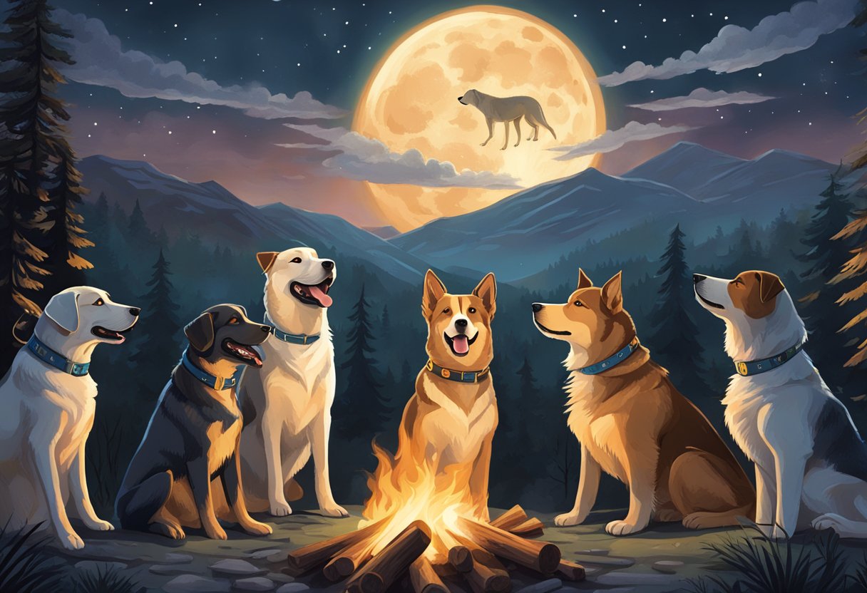 A pack of literary and mythological dogs gather around a campfire, their names emblazoned on their collars as they howl at the moon