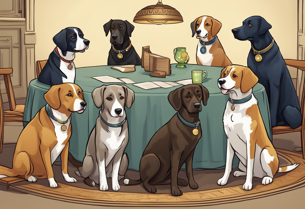 A group of dogs sit around a table, each with a name tag inspired by classic literature or mythology. They look eager and attentive, ready to respond to their respective names