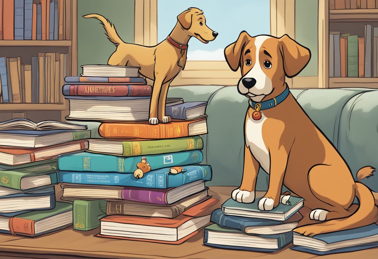 A group of dogs gather around a stack of children's literature books, with titles like "The Adventures of Spot" and "Clifford the Big Red Dog." In the background, there are images of mythical creatures like Cerberus and Anub