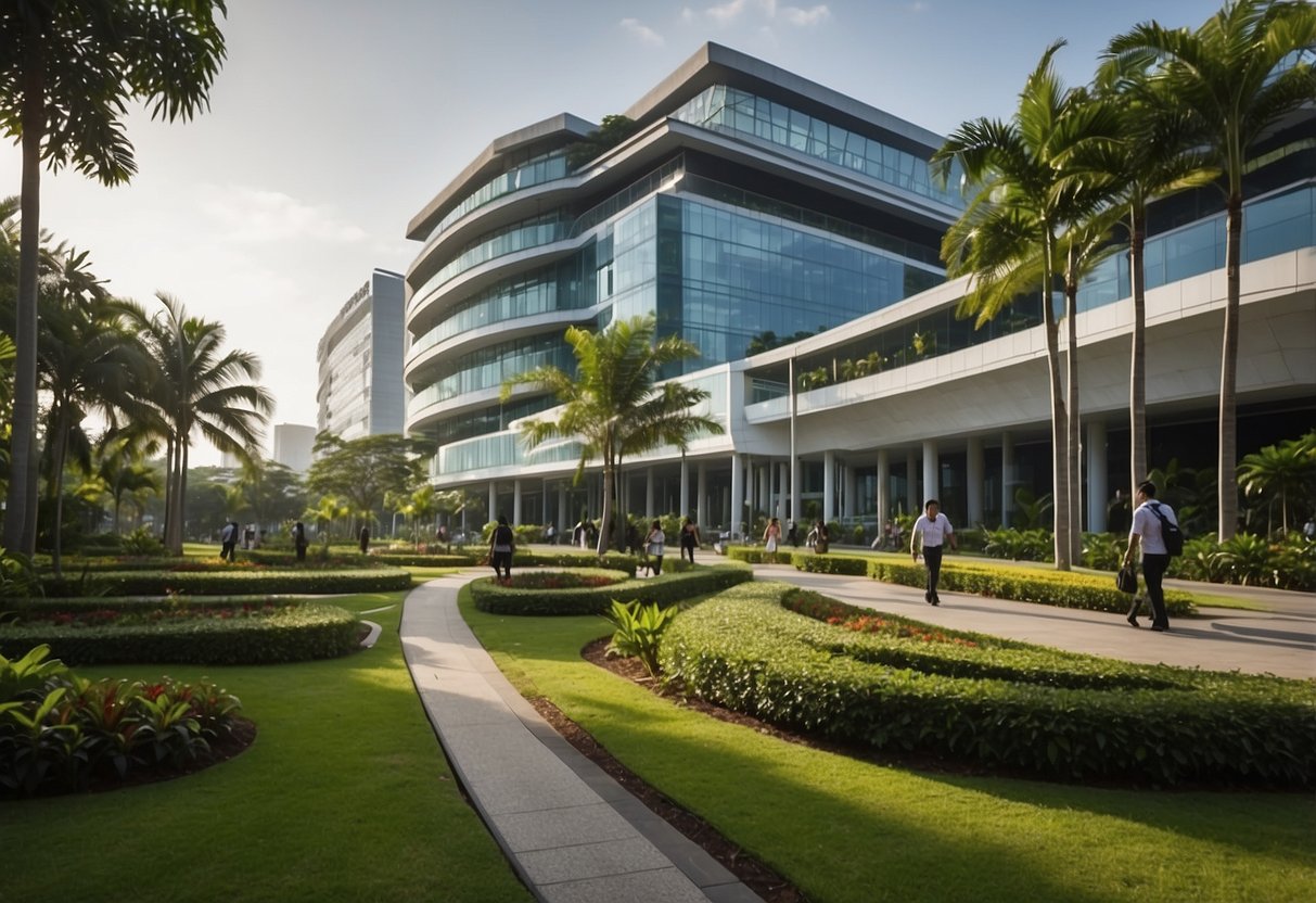 The Infineon Singapore campus bustles with activity as workers move between sleek, modern buildings, surrounded by lush greenery and state-of-the-art technology