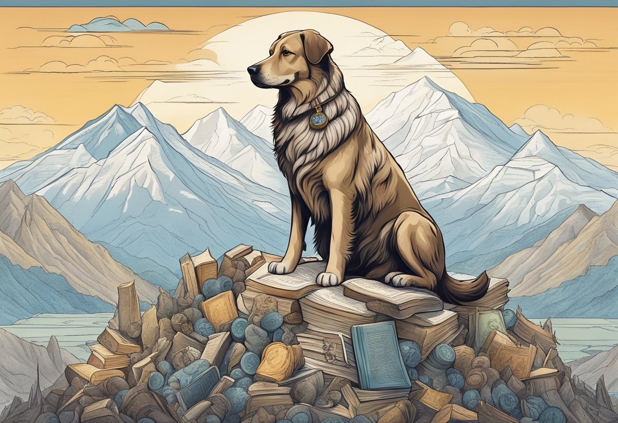 A majestic dog stands atop a mountain, surrounded by ancient literary and mythological symbols, with a sense of power and wisdom emanating from its presence