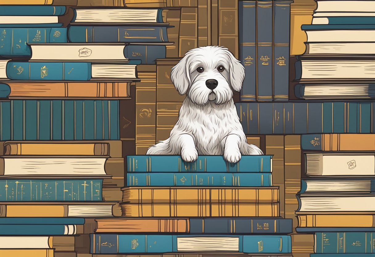 A stack of books with dog-themed titles and mythical figures, surrounded by a modern literary setting