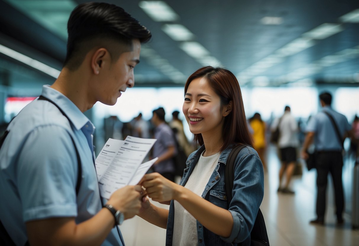 The traveler fills out the Singapore arrival card before entering the bustling airport. Upon arrival, they hand it to the immigration officer