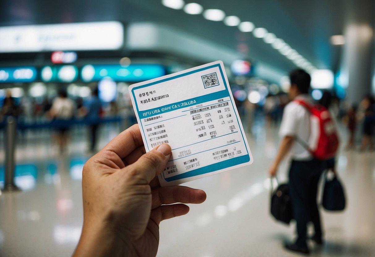 A hand holding a pen filling out an arrival card at the Singapore airport