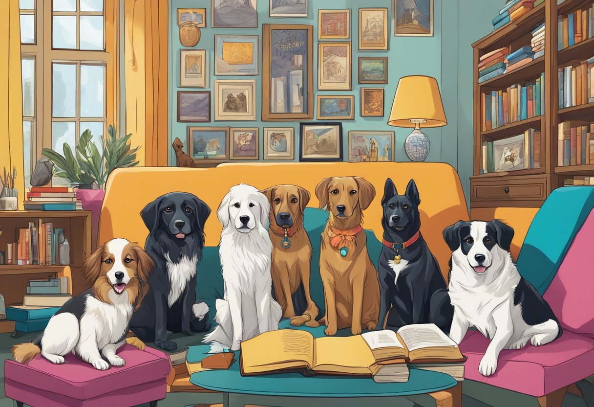 A group of dogs, each with a unique name, gather in a vibrant, book-filled room, surrounded by iconic pop culture and literary references