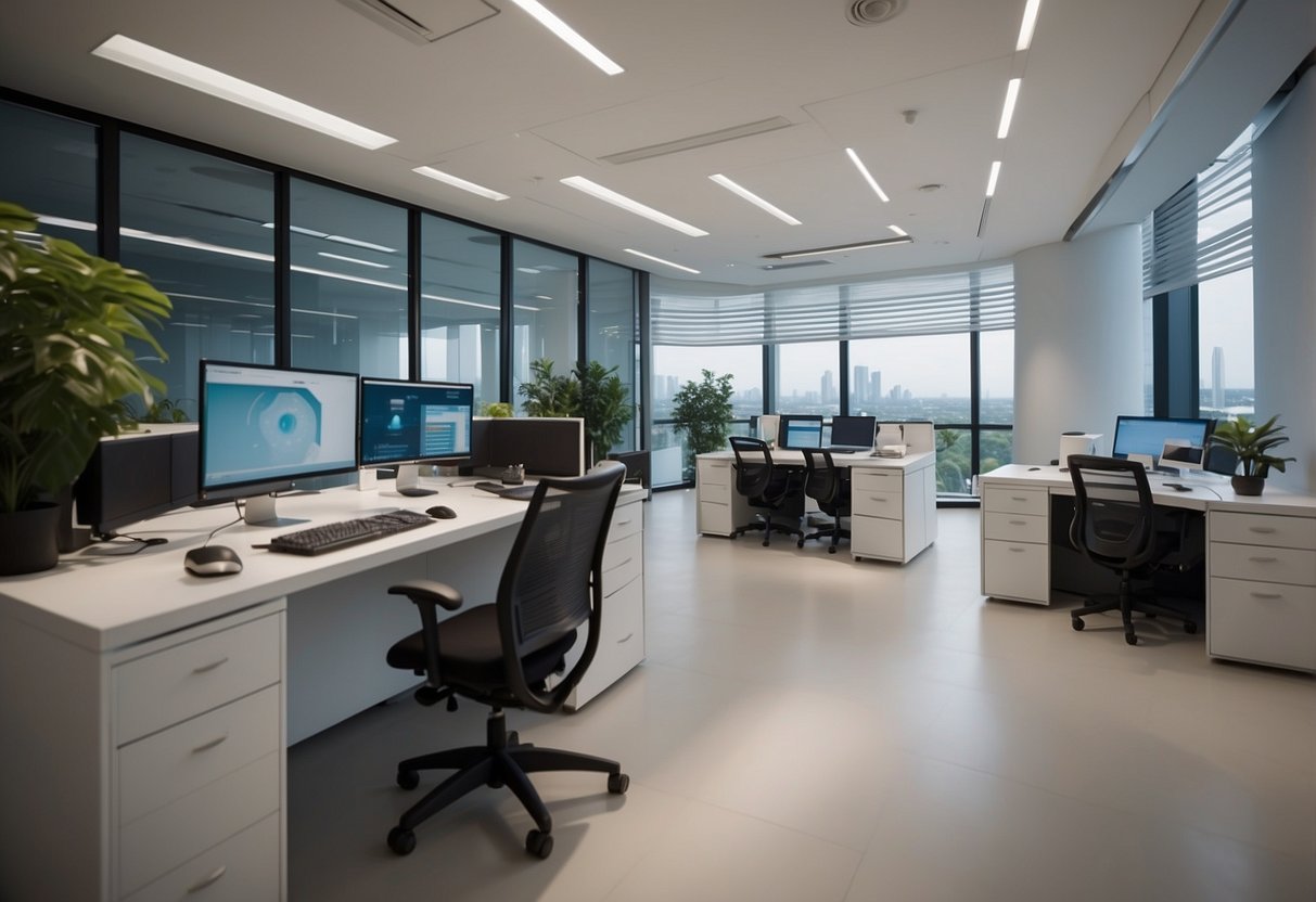 In a modern office setting, Infineon Singapore showcases cutting-edge technology and solutions. The workspace is filled with advanced equipment and innovative products, creating a dynamic and futuristic atmosphere
