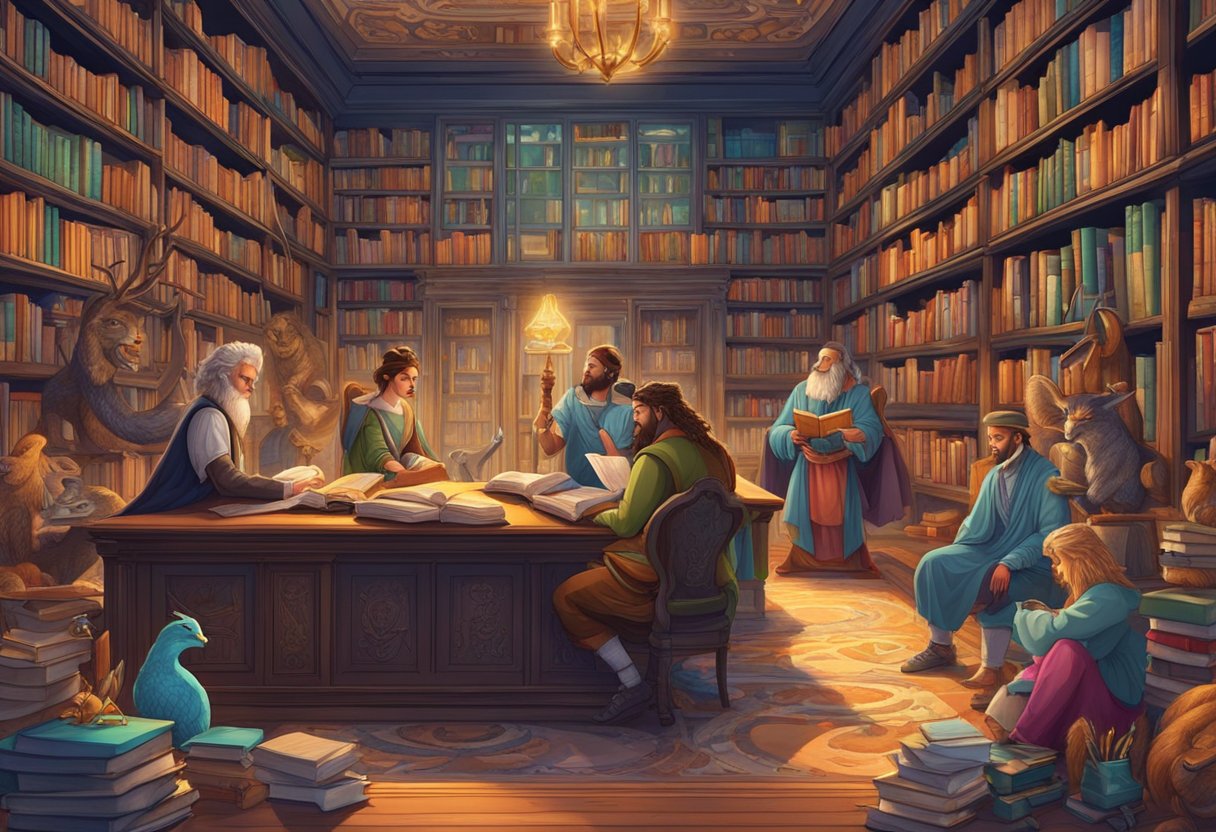A group of famous literary and mythological characters gather in a vibrant library setting, surrounded by books and symbols of their respective stories