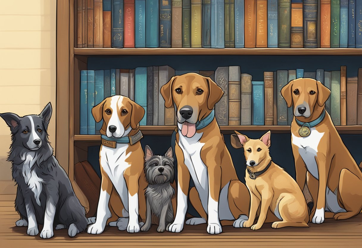 A group of dogs gathered around a bookshelf, each with a name tag featuring literary and mythological names like "Odysseus" and "Luna."