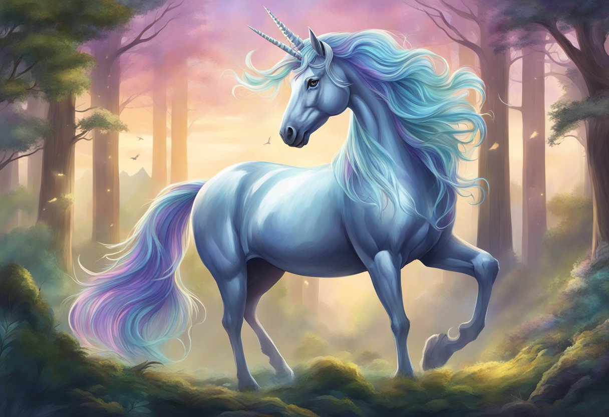 A majestic unicorn-like creature stands proudly, with a long flowing mane and a shimmering horn, surrounded by a mystical forest