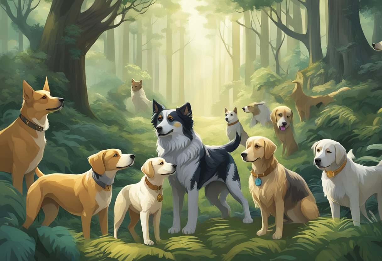 A pack of dogs, each named after a different mythical creature, playfully roam through a forest filled with ancient ruins and mystical symbols