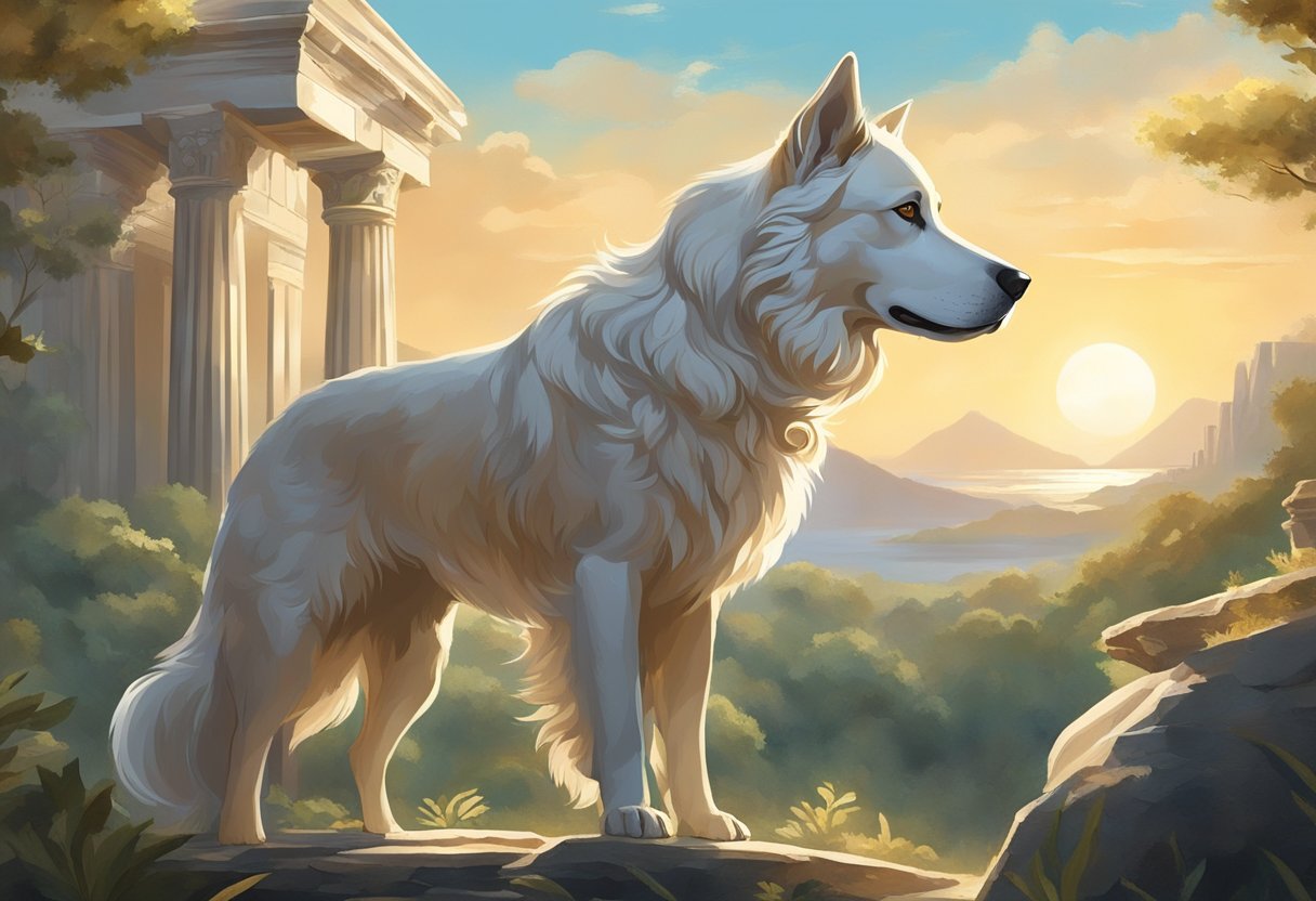 A majestic dog stands proudly in a mythical forest, surrounded by ancient ruins and statues of Greek gods. Its fur shimmers in the sunlight as it gazes off into the distance, embodying the spirit of Greek mythology