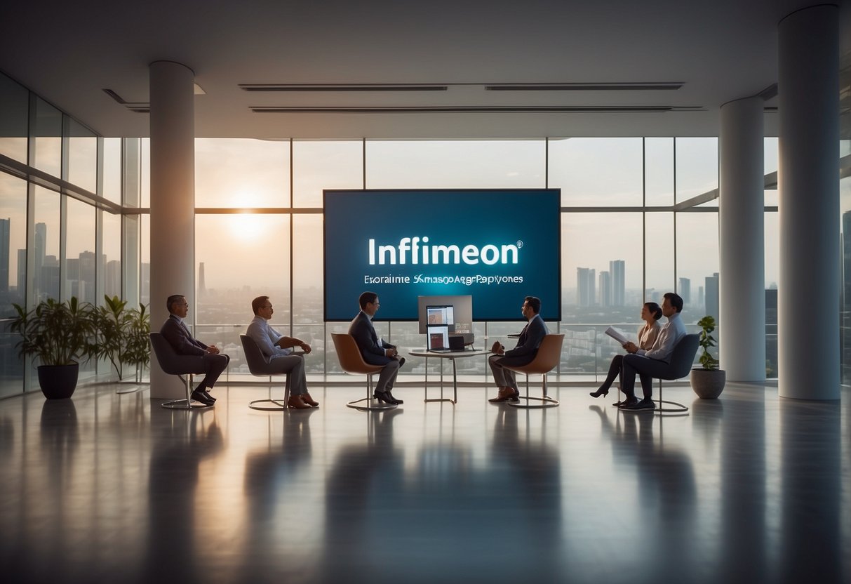 Infineon Singapore's Frequently Asked Questions: logo prominently displayed, diverse group of people reading and engaging with the content