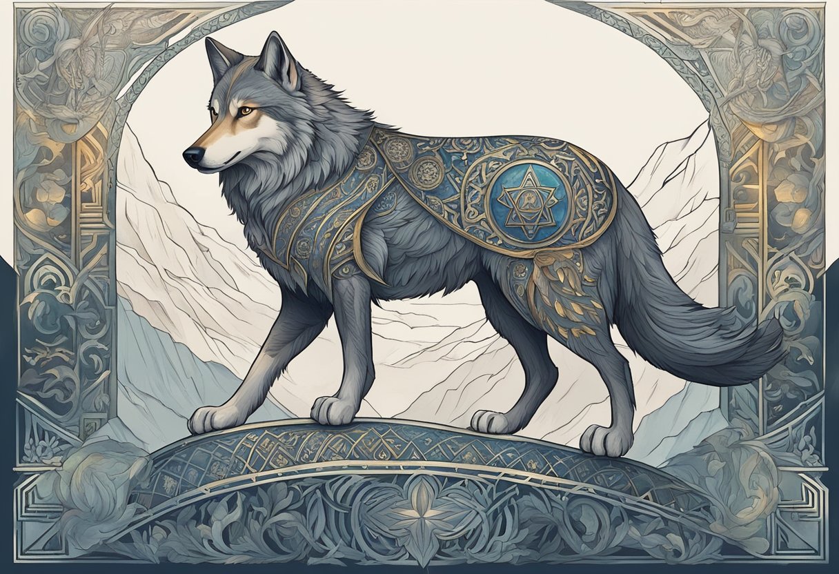A majestic wolf-like dog stands among ancient Norse symbols and mythical creatures, embodying the spirit of Norse mythology
