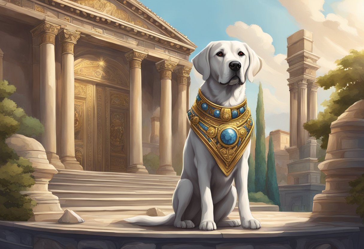 A majestic dog with a regal collar stands proudly in front of a backdrop filled with ancient Roman architecture and mythical creatures