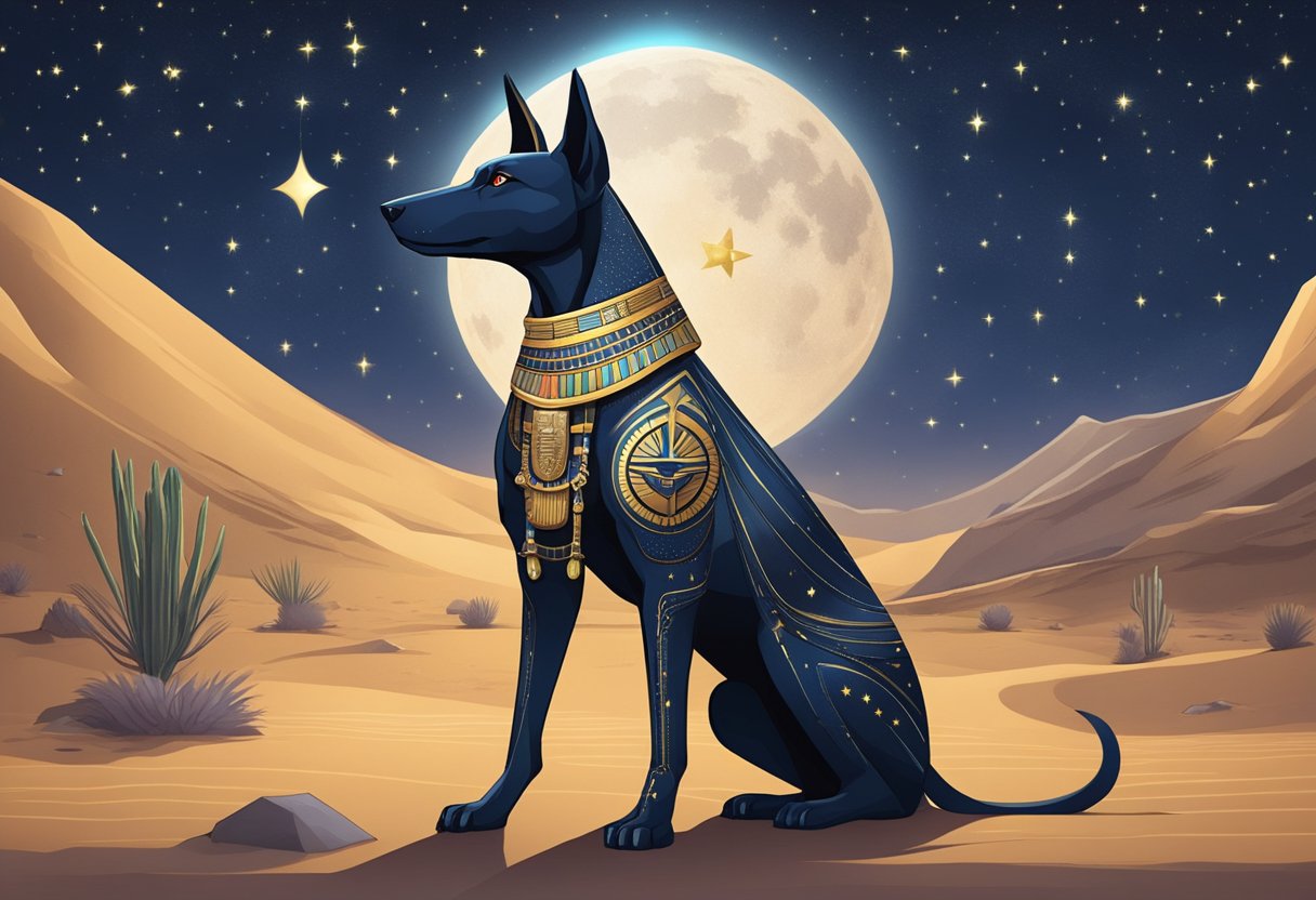 Anubis-like dog stands in desert, adorned with Egyptian symbols, under a starry sky