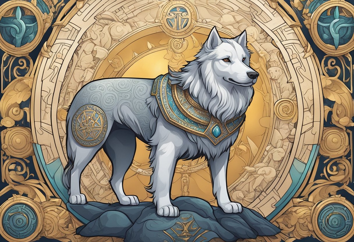 A majestic, mythical dog stands proudly, surrounded by ancient symbols and mystical elements, representing the power and significance of its unique mythological name