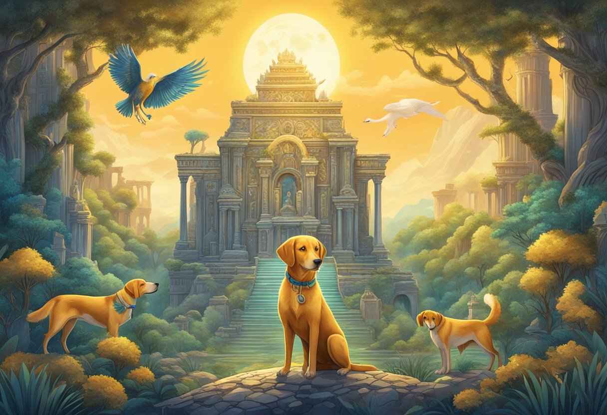 A dog stands in a mystical forest, surrounded by ancient ruins and magical creatures. The dog's name, "Phoenix," glows in golden letters above its head