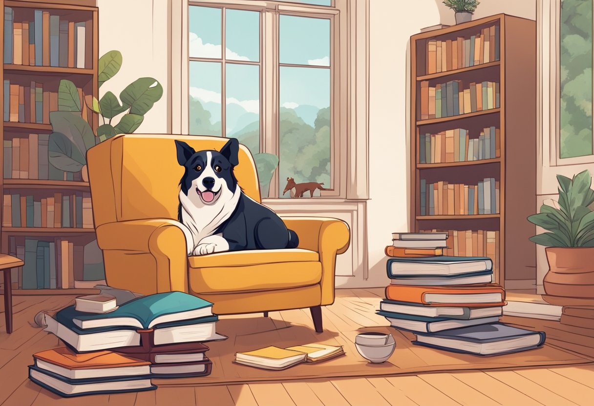 A stack of books open to pages featuring famous dog characters, surrounded by a cozy reading nook with a warm fire and a comfy armchair
