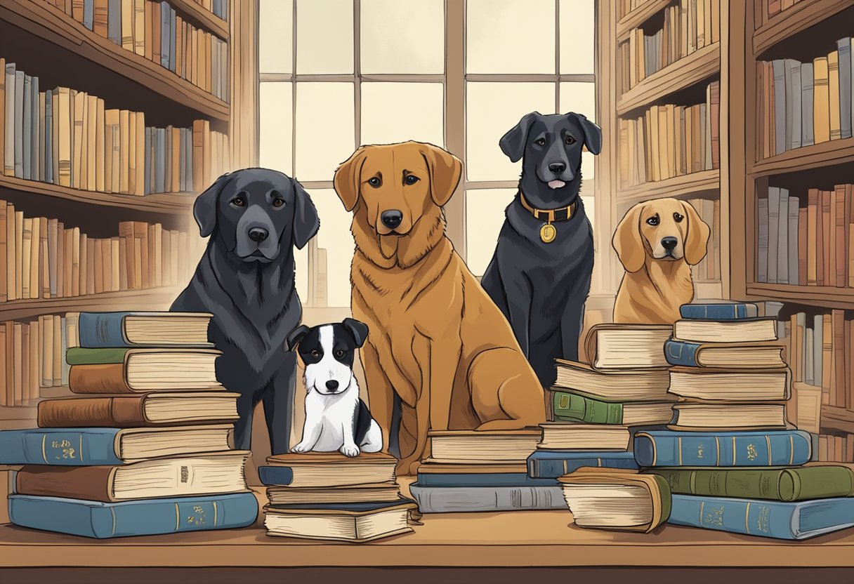 Dogs surrounded by books, with names like "Luna" and "Atticus," inspired by classic literature