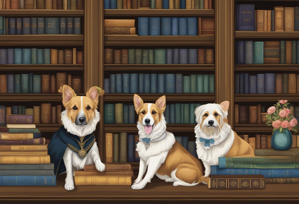 Dogs wearing Elizabethan ruffs, sitting in front of a bookshelf with classic literature titles