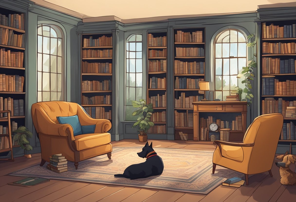 A cozy library with shelves of classic novels, a comfortable armchair, and a loyal canine companion named after characters from literature