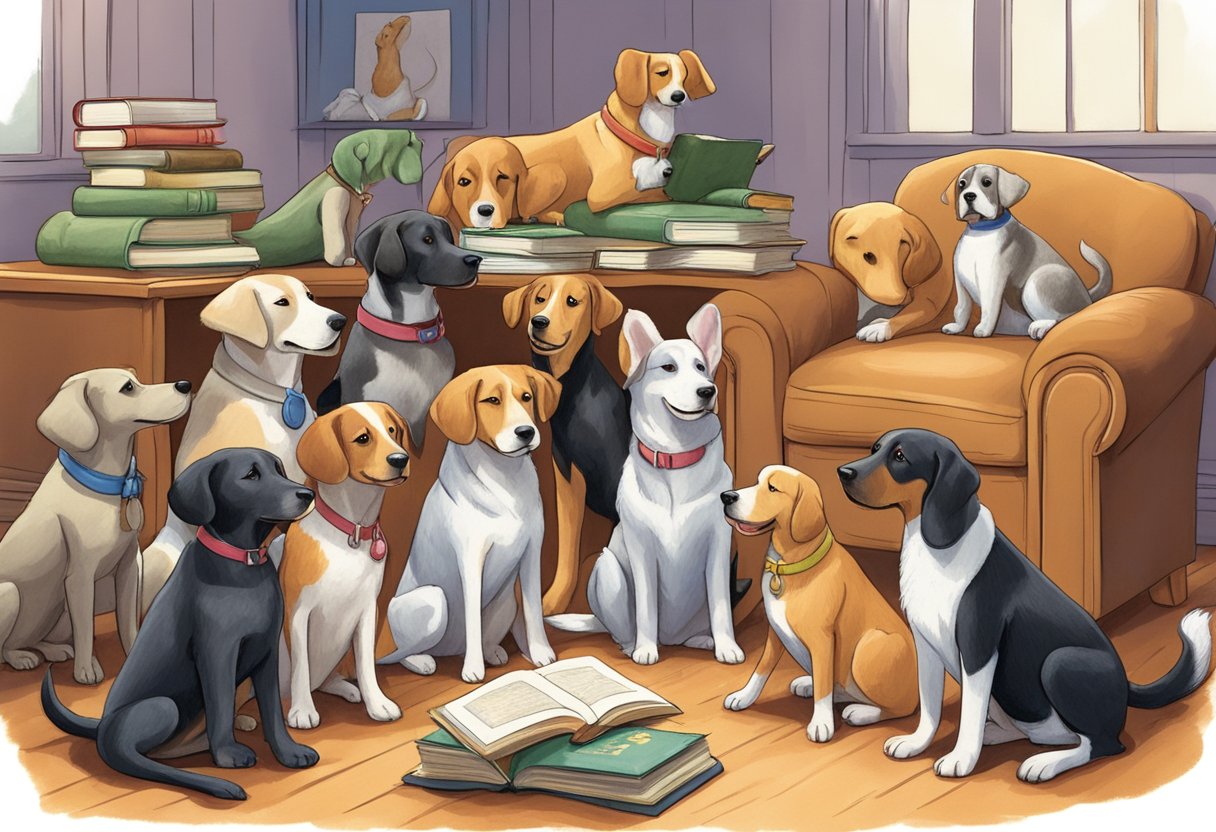 A group of dogs gather around a stack of classic children's books, wagging their tails as they listen to their owners read aloud