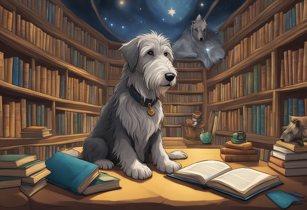 A magical library with floating books, a majestic wolfhound named Heathcliff, and a tiny terrier named Bilbo surrounded by iconic literature characters